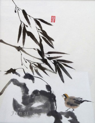 oiseau, rocher, bambous